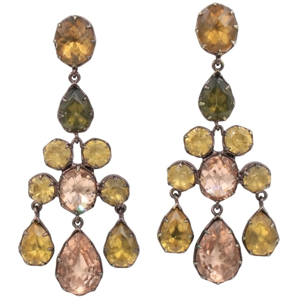 Stella & Dot Earrings, Pink Chandelier, Olive Green and Yellow Rhinestones - Picture 1 of 5